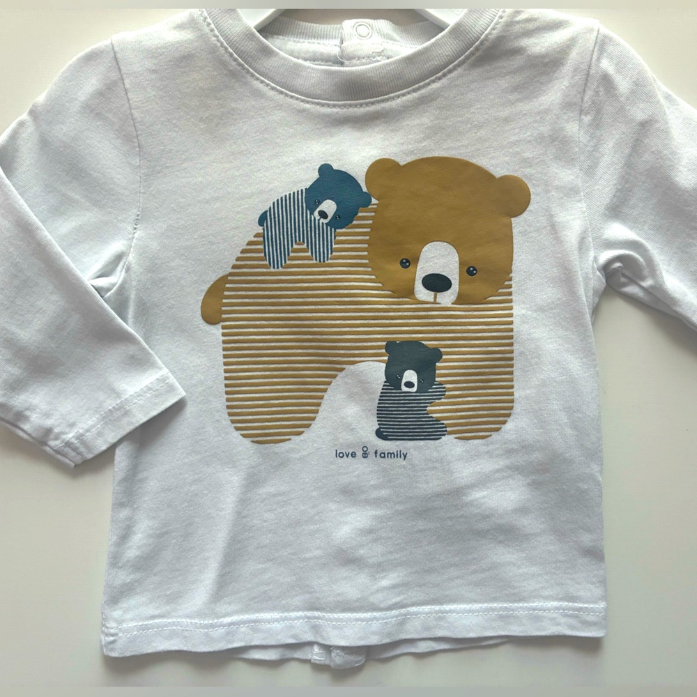 White Long Sleeve Kids Tee with Bear Family Graphic